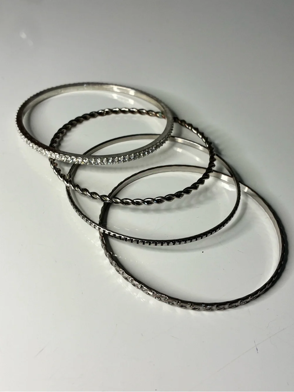 Silver Pearl & Crystal Stretch Bracelet with Stackable Bangle Set Lot of 5